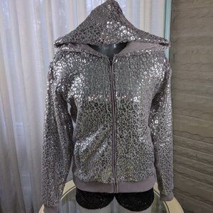 Y2K HTF Vintage VS PINK Faux Fur Silver Foil Bling Leopard Hoodie Jacket XS